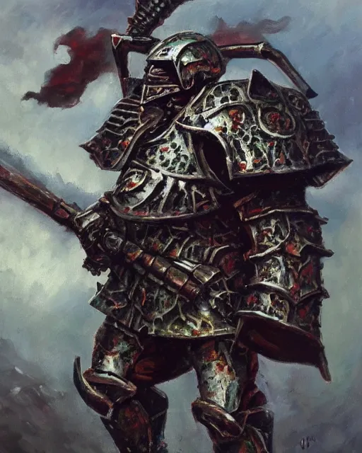 Image similar to an oil painting of heavily armoured warhammer chaos warrior