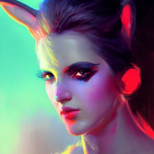 Image similar to painted close - up portrait of a neon sensual bunny girl. oil painting, wearing neon attire, fantasy art by greg rutkowski and john singer sargent and gaston bussiere, demon noble character design