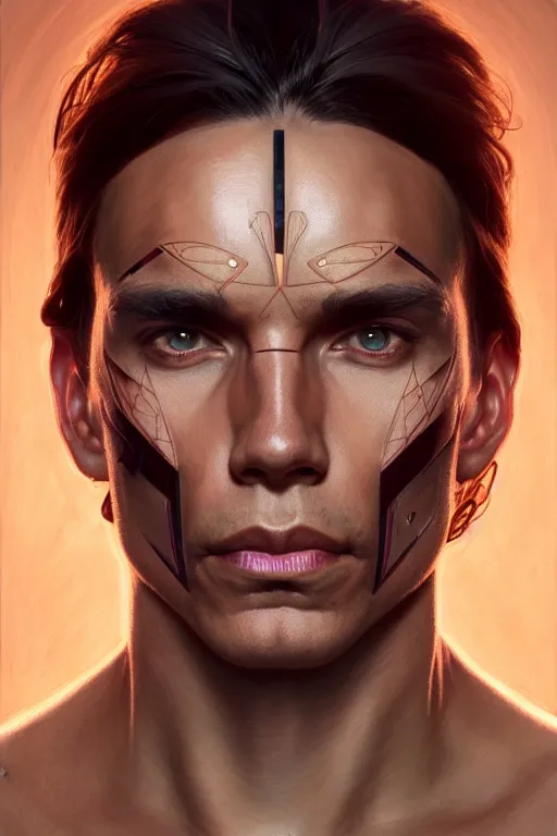 Image similar to symmetry!! portrait of zahn mcclarnon, machine parts embedded into face, intricate, elegant, highly detailed, digital painting, artstation, concept art, smooth, sharp focus, illustration, art by artgerm and greg rutkowski and alphonse mucha, 8 k