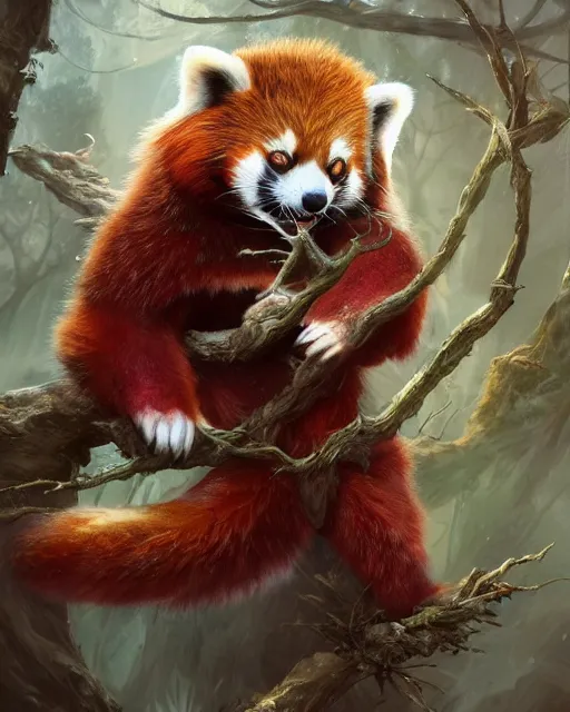 Image similar to Red Panda Shapeshifter Druid Mage, D&D, artstation, fantasy, magic the gathering artwork, cinematic lighting, centered, symmetrical, highly detailed, digital painting, , concept art, smooth, sharp focus, illustration, volumetric lighting, epic Composition, 8k, art by Akihiko Yoshida and Greg Rutkowski and Craig Mullins, oil painting, cgsociety