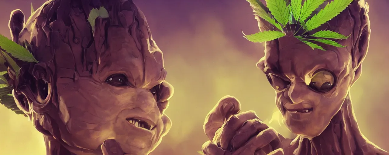 Prompt: portrait sweet face cannabis, marijuana!, baby groot, realistic shaded perfect face, cinematic volumentric lighting, jim cheung, david marquez, mike deodato jr, ilya kuvshinov, makoto shinka, behance hd by jesper ejsing, by rhads, hyper detailed, octane render, concept art, artstation