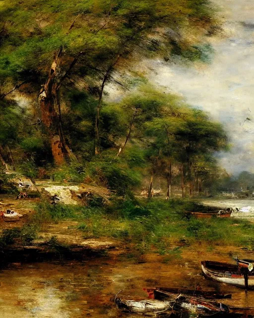 Image similar to reclaimed by nature by eugene boudin, wallpaper, highly detailed, trending on artstation.