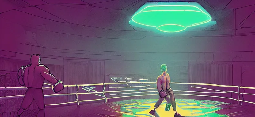 Image similar to handmade illustration of futuristic boxing ring, line art, octane render with volumetric lighting, watercolor by Kilian Eng and by Jake Parker, olympic weight room in bladerunner dystopia future, neon radioactive swamp