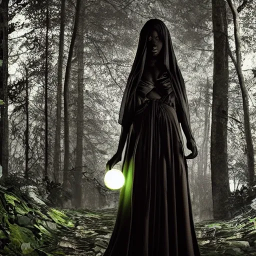 Prompt: glowing cloaked ebony maiden with stunning eyes and a beautiful supermodel face in a dark and creepy forest