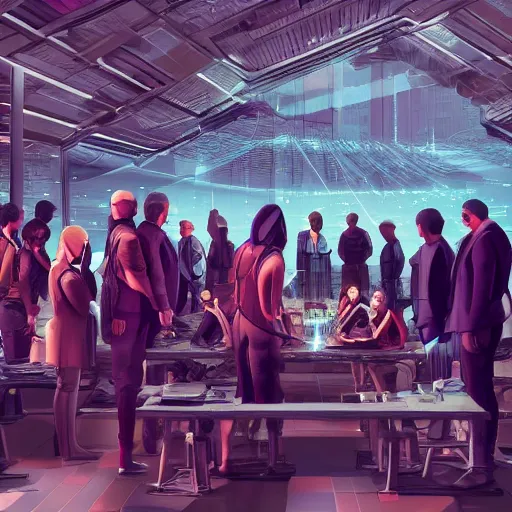 Image similar to large group people in a huge warehouse, gathered around a hologram of futuristic city on a table | cinematic concept art | godrays | 4 k | clear details | tabletop | tabletop | hologram foreground