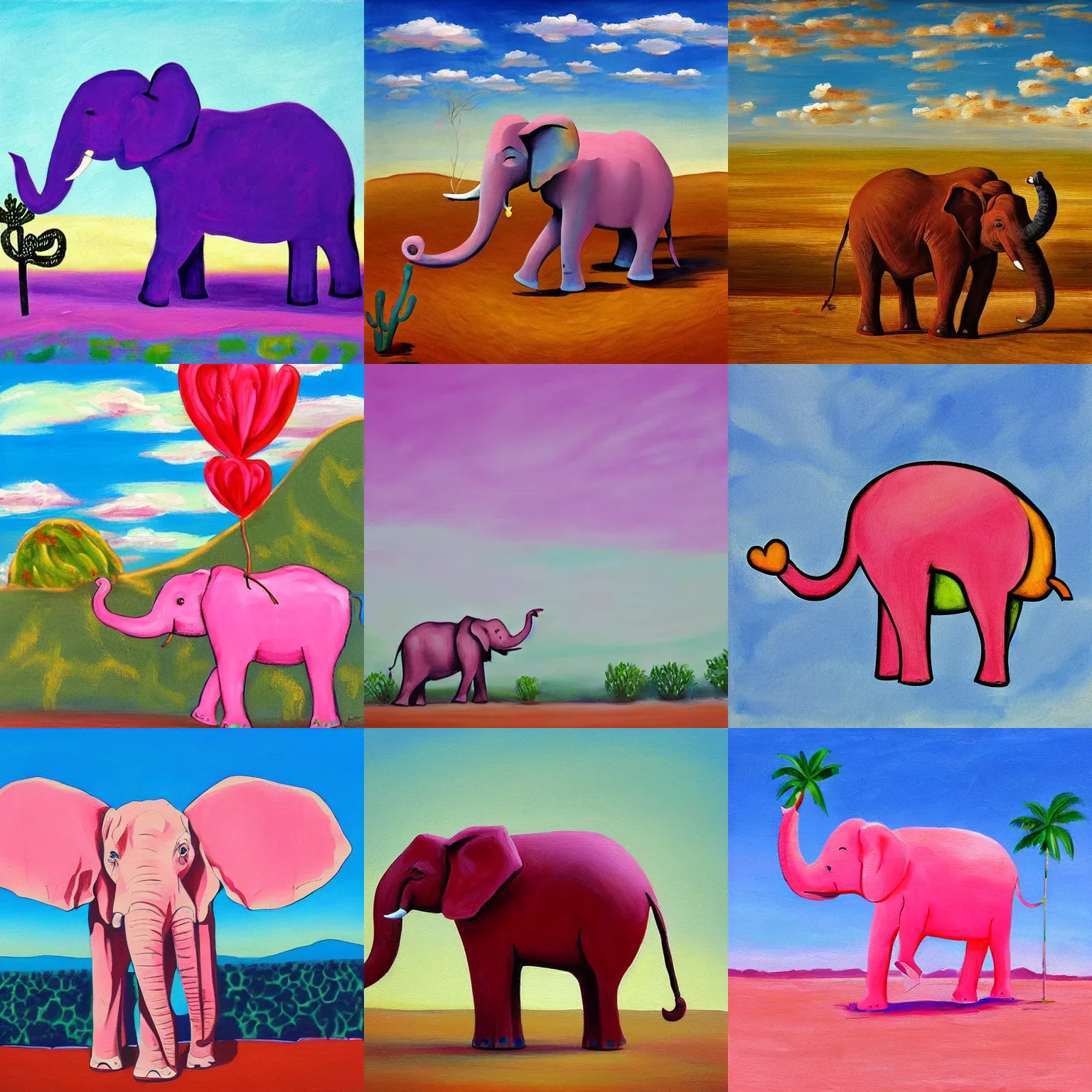 Prompt: pink elephant in a desert against a blue sky, artistic, painting