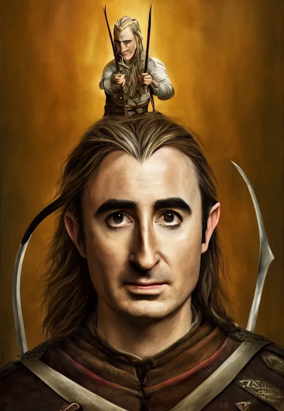 Prompt: a face portrait of john oliver as legolas from the lord of the rings, warm colors, soft lighting, atmospheric, cinematic, moody, in the style of diego koi, gina heyer, luiz escanuela, art by alyssa monk, hyperrealism, rule of thirds, oil on canvas, 8 k