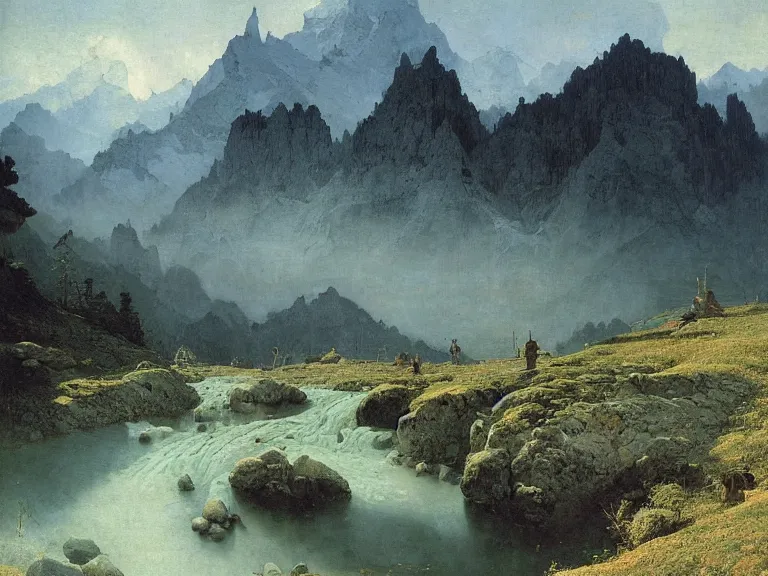 Image similar to an oil painting of an alpine river and a distaint mountain on a beautiful morning by beksinski carl spitzweg and tuomas korpi. baroque elements, full-length view. baroque element. intricate artwork by caravaggio. Trending on artstation. 8k