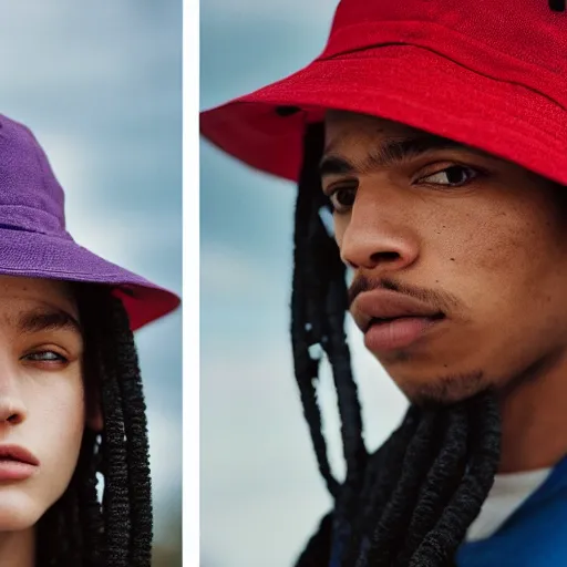 Image similar to realistic photoshooting for a new arcteryx lookbook, color film photography, portrait of a beautiful woman, model is wearing a bucket hat, photo in style of tyler mitchell, 3 5 mm,