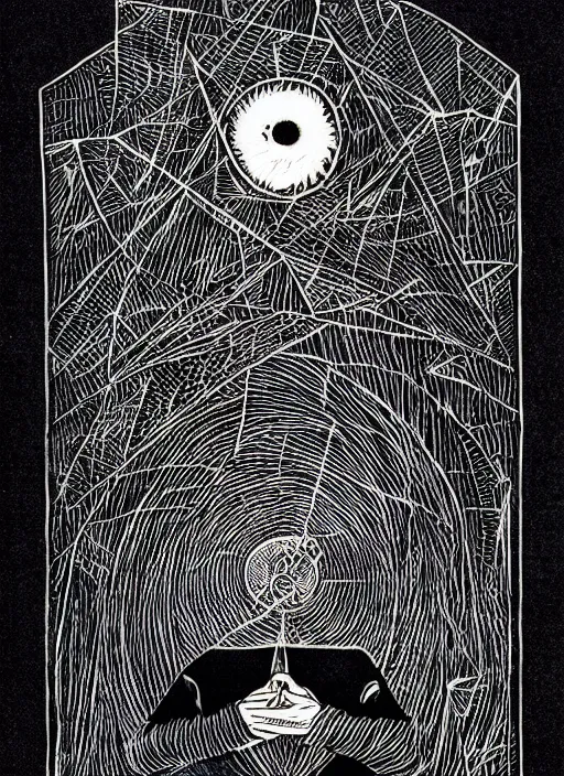 Image similar to fear of technology, black paper, tarot card, highly detailed, dave quiggle, border, intricate ink illustration