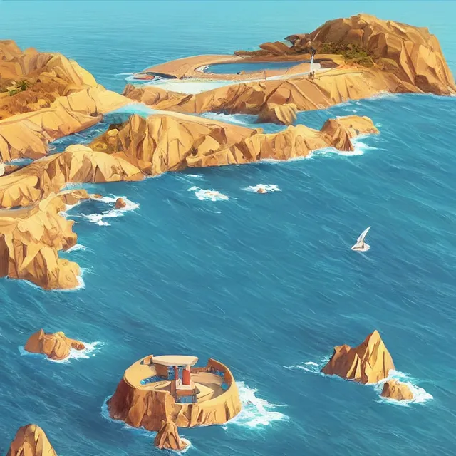 Image similar to a remote island research station in the middle of the ocean, rhads!!!, magical realism, archipelago!, urban fantasy, saturday morning cartoon, clean linework, ( alexander archipenko ), western animation