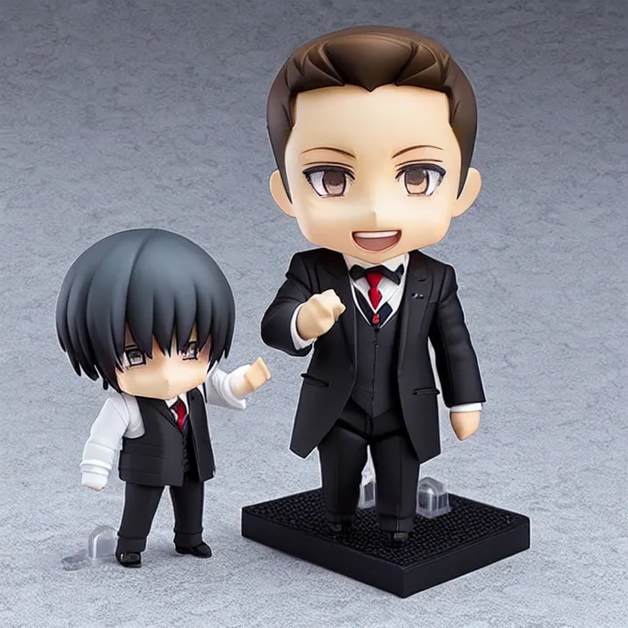 Image similar to a anime nendoroid of elon musk wear giorgio armani suits and black shoe, car tesla 3, figurine, smile, product photo, detailed