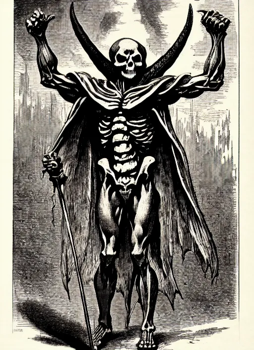 Image similar to illustration of motu's skeletor as a demon from the dictionarre infernal, etching by louis le breton, 1 8 6 9, 1 2 0 0 dpi scan, ultrasharp detail, clean scan