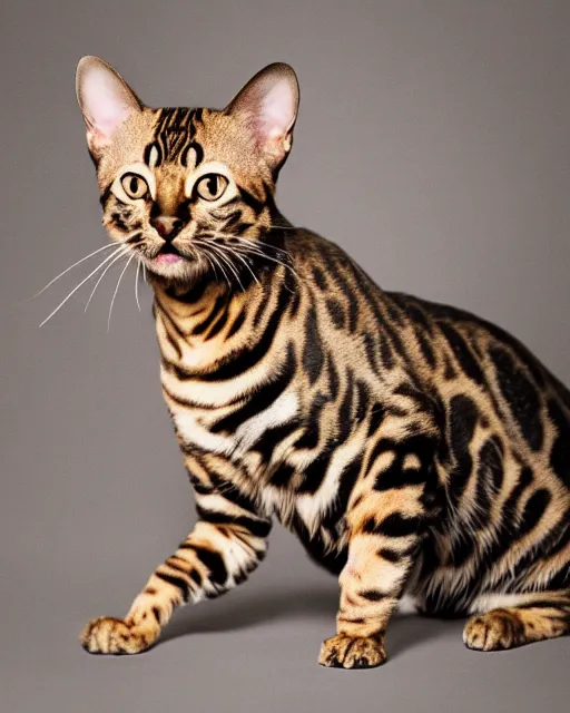 Image similar to medium format Bengal Cat Photography, Hyperreal, 8k in the style of Annie Leibovitz