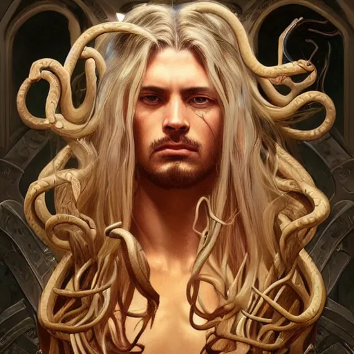 Image similar to male medusa, highly detailed, digital painting, snakes, artstation, concept art, smooth, sharp focus, illustration, art by artgerm and greg rutkowski and alphonse mucha