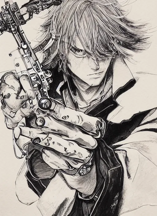 Image similar to a gunslinger twirling revolvers on his fingers, by takehiko inoue and kim jung gi and hiroya oku, masterpiece ink illustration