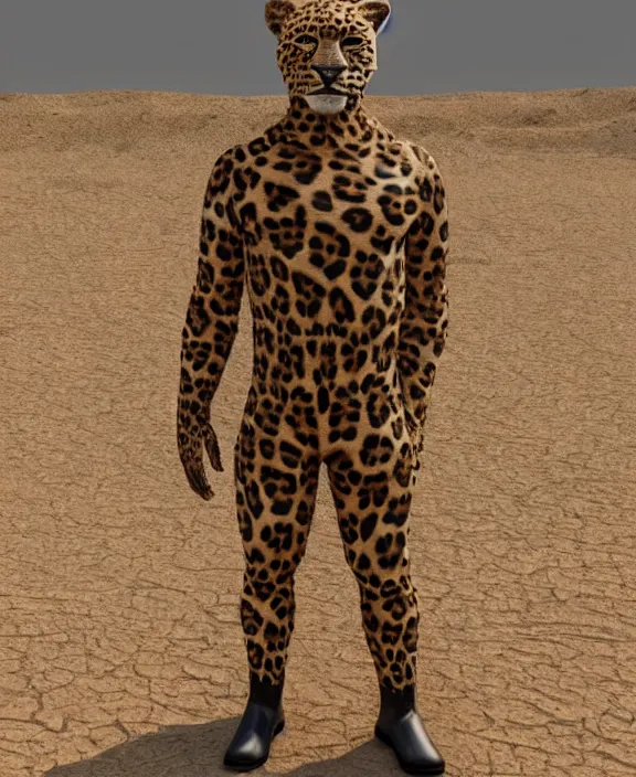 Prompt: realistic 3 d render, 🐆 photorealistic fullbody 🐆 👨 art portrait, strapping boots on and suiting up, getting ready for roughneck work, happy face, martian mining ⛏ colony, a handsome ♂ leopard furry, long fluffy tail, beautiful natural soft light, rim light