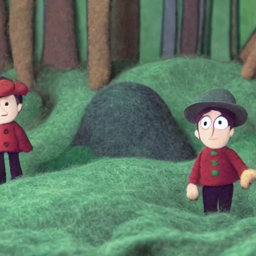 Prompt: Over the Garden Wall, greg and wirt are lost in the forest, scene made of felt and wool, claymation