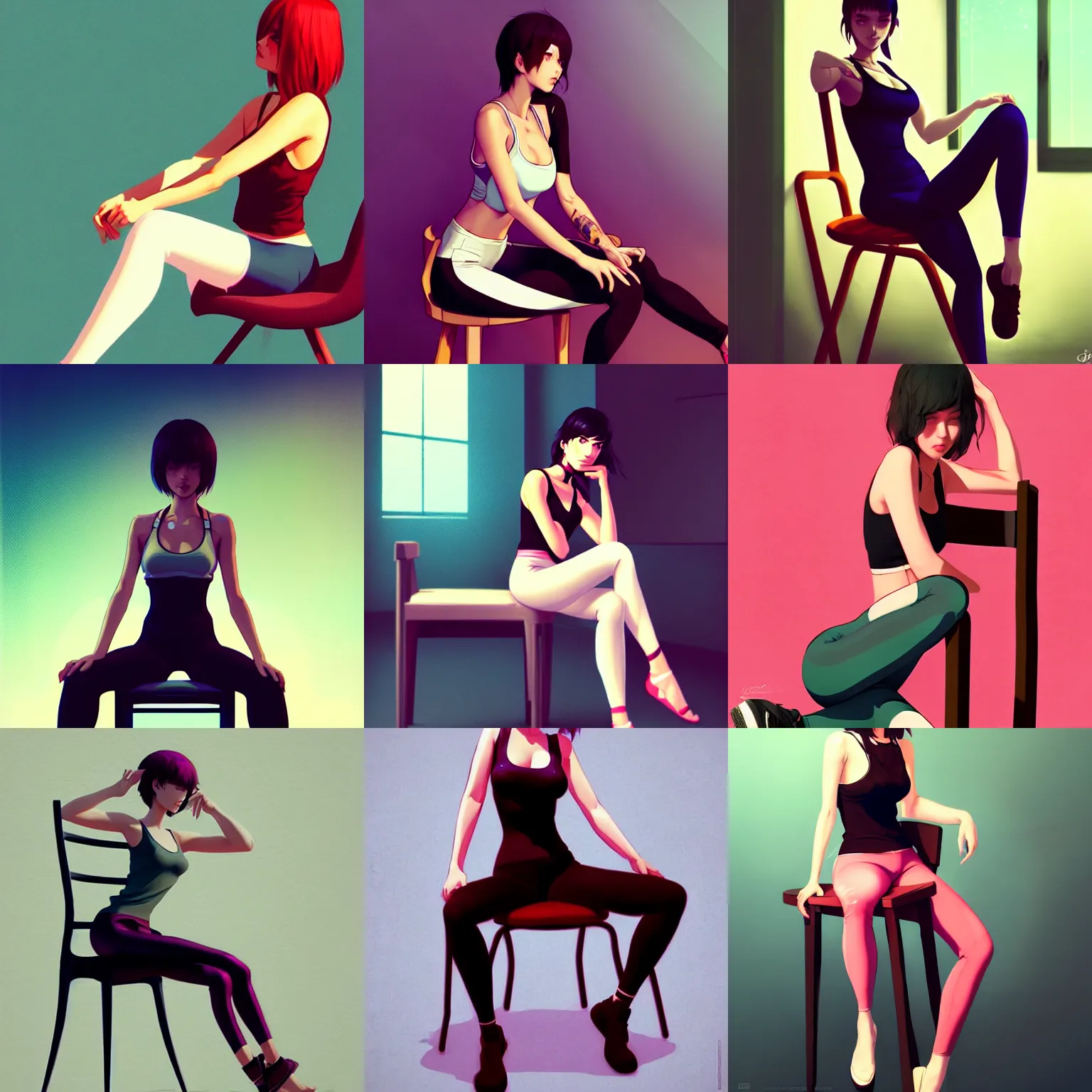 Prompt: gorgeous woman with low-cut tank top and leggings sitting seductively on a tilted chair, high definition art in the style of Ross Tran and Ilya Kuvshinov, stunning view of a longing desire, artstation