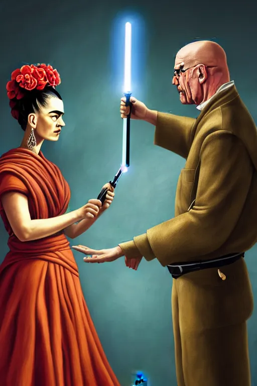 Image similar to photo of frida kahlo having a conversation with walter white! dream breathtaking detailed concept art painting of a jedi dilma rousseff holding a lightsaber, by hsiao - ron cheng, exquisite detail, extremely moody lighting, 8 k