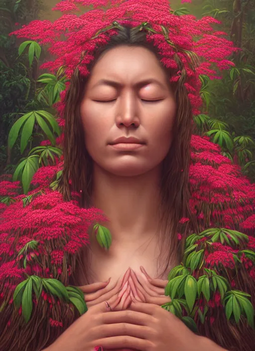 Prompt: a beautiful portrait of an indigenous woman with eyes closed in the amazon jungle surrounded by pink calliandra angustifolia flowers, matte painting, by christophe vacher