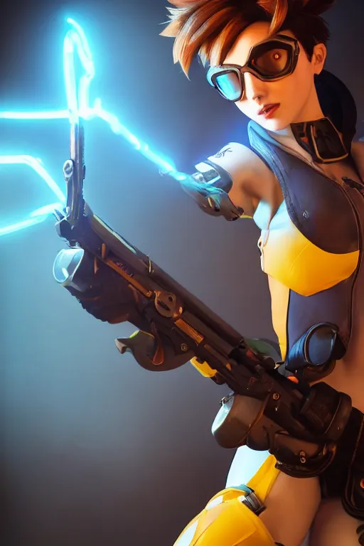 Image similar to tracer from overwatch doing a pin up pose, dark room, cinematic, volumetric lighting, hyperdetailed photograph