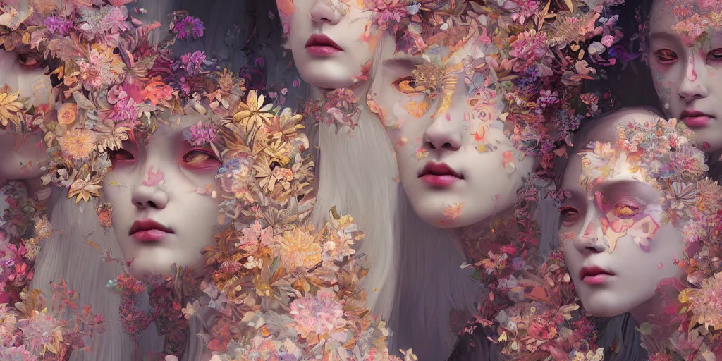 Image similar to breathtaking detailed concept art painting kaleidoscope art deco pattern of blonde faces goddesses amalmation flowers, by hsiao - ron cheng, bizarre compositions, exquisite detail, extremely moody lighting, 8 k