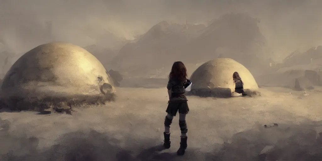 Image similar to young girl back to us in front of an round igloo in the tundra,, mysterious matte painting by ruan jia and craig mullins, trending on artstation