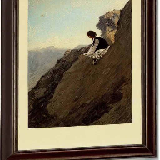 Image similar to a young woman climbing a mountain, by alfred stevens