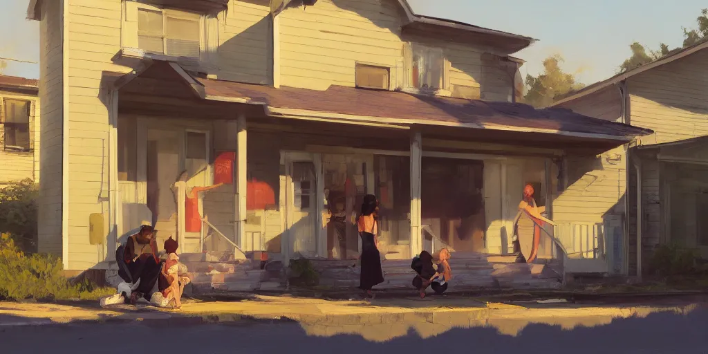 Prompt: empty house with owned by bank sign and homeless family sqatting outside on curb by Craig Mullins, ilya kuvshinov, krenz cushart, artgerm trending on artstation by Edward Hopper and Dan Mumford and WLOP and Rutkovsky, Unreal Engine 5, Lumen, Nanite