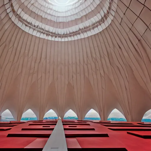 Image similar to interior of a futuristic lotus temple with gold, red and white marble panels, in the desert, by buckminster fuller and syd mead, intricate contemporary architecture, photo journalism, photography, cinematic, national geographic photoshoot