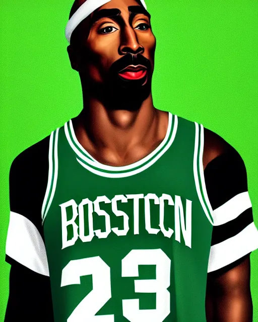 Image similar to portrait of tupac shakur, boston celtics jersey number 3 4, green, white, cartoon digital art, oil on canvas, trending on artstation, octane render