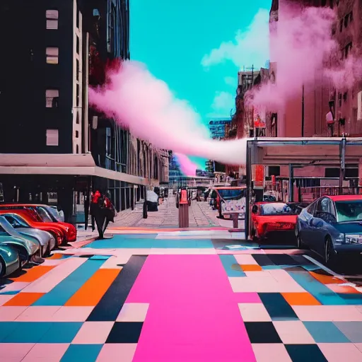 Image similar to retrofuturistic street scene with a row of large polished concrete platforms leading from near to far, focus on pink and blue colours, steam from ground