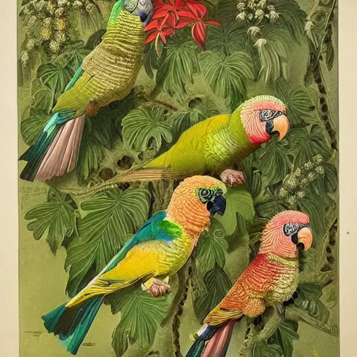 Prompt: beautiful elegant ernst haeckel fauna illustration of many greek cheek conures!!!!!! and flowers, ( greek cheek conure ) ( green cheeked parakeet ) ( pyrrhura molinae )