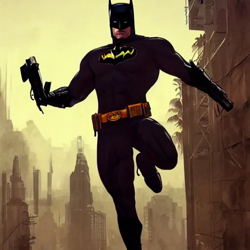 Prompt: Batman as a grand theft auto 5 loading screen, athletic , intimidating, muscular, intricate, highly detailed, digital painting, artstation, concept art, sharp focus, illustration, art by greg rutkowski and alphonse mucha