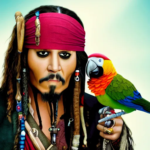 Image similar to jack sparrow with a parrot on the shoulder, portrait, 8k resolution