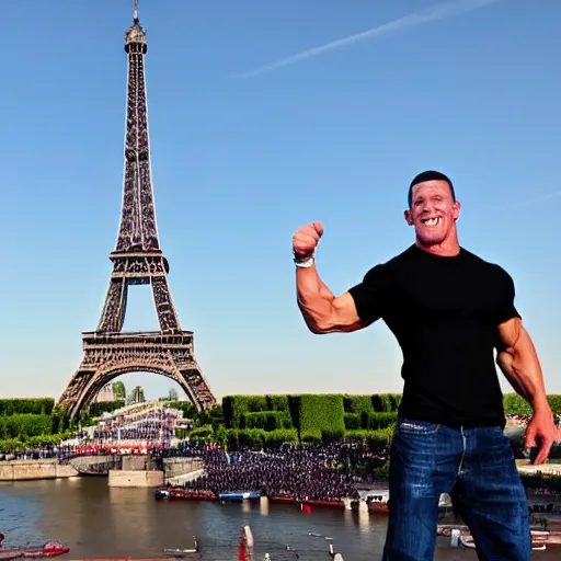 Image similar to photo of john cena hugging the eiffel tower