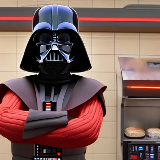 Image similar to darth vador working at dunkin donuts , 8k cinematic lighting, very sharp detail, anatomically correct