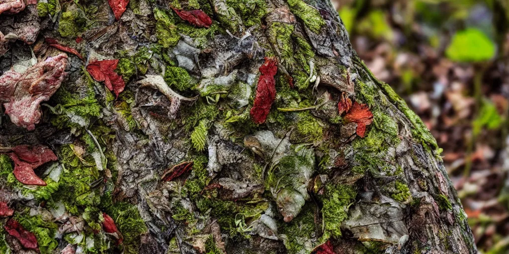 Prompt: details of meat and muscles, lichens, skin texture details, painitng, bark, leaves, branches and twigs, forest detail, oil on canvas, 4k, photorealistic, dslr photo, unreal engine, cinematic lighting, soft lighting, sharp focus, hyperrealistic painting