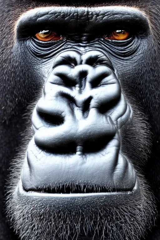 Prompt: close up portrait of a gorilla face filling the screen. Photography. 35mm. f/1.2. Nature. National Geographic