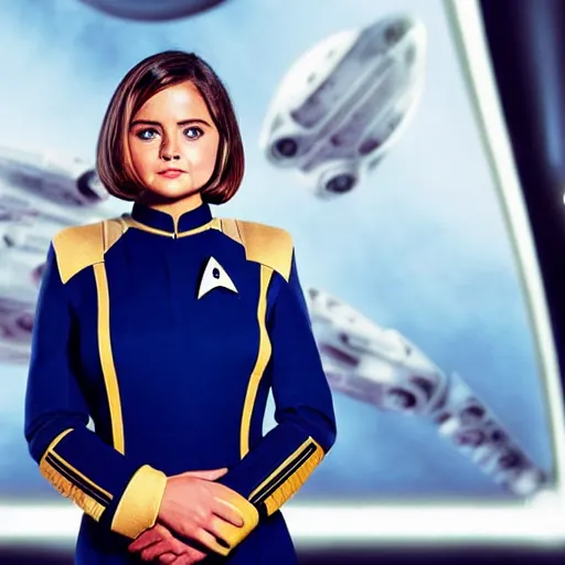 Image similar to a beautiful full body photograph of younger jenna coleman as a star fleet science officer from star trek next generation, full dress uniform, symmetrical face, extreme realism and detail, 8 k, completely framed, direct lighting, 3 5 mm photo, photorealistic, sharp focus