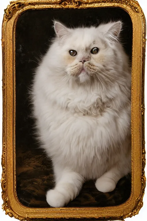 Image similar to a wet plate photo portrait of a magnificent fluffy fat royal cat on an embroidered velvet cushion on a neo - rococo gilded little bed, by david lachapelle, photorealistic, photography, wide shot