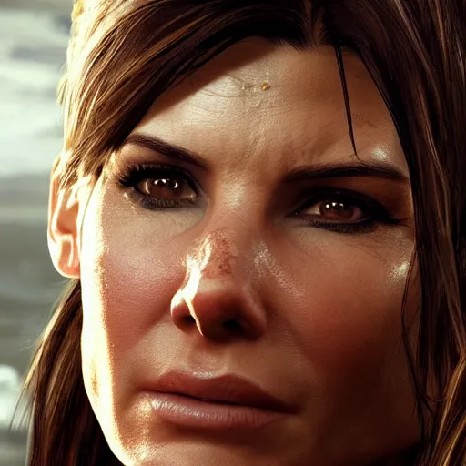 Image similar to hyperrealist portrait of sandra bullock as lara croft. fantasy art, photo realistic, dynamic lighting, artstation, poster, volumetric lighting, very detailed faces, 8 k, award winning