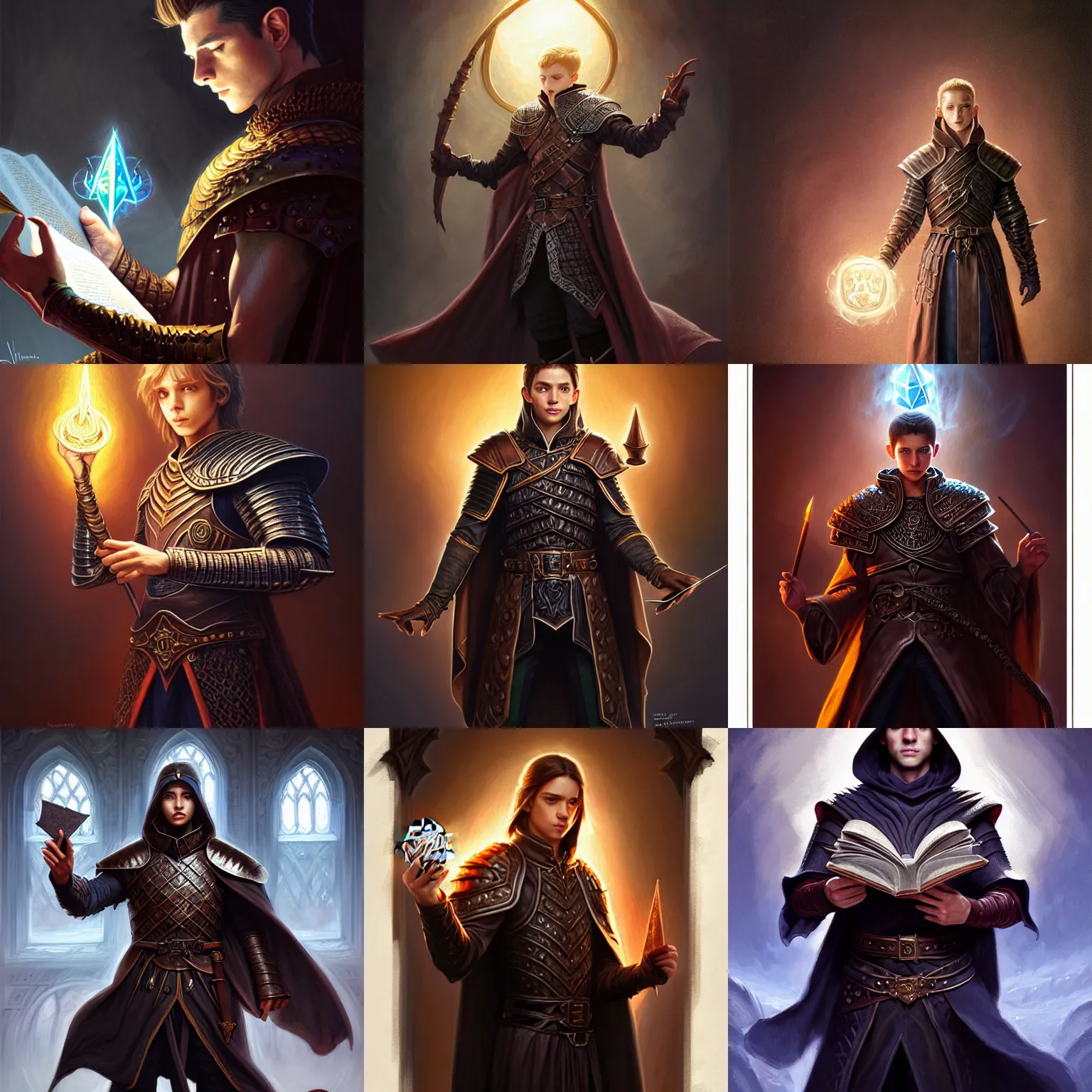 Prompt: young man, wizard, holding spell book, practicing spells, large room, intricate leather armor, D&D, fantasy, portrait, highly detailed, digital painting, trending on artstation, concept art, sharp focus, illustration, art by artgerm and greg rutkowski and magali villeneuve