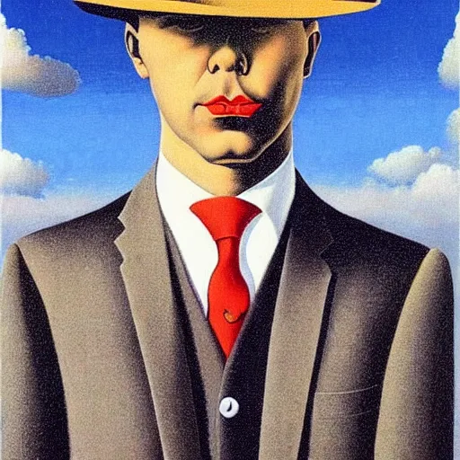 Image similar to a portrait of a well dressed business man, thehe planet saturn is his face!!!!!!, art by Rene Magritte