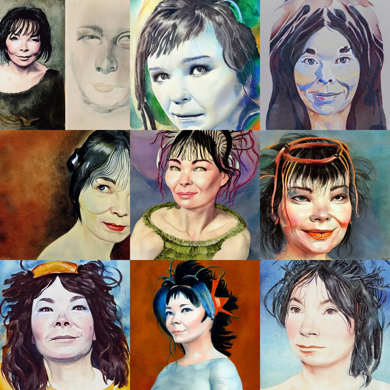 Prompt: photorealistic portrait of bjork's face, bjork looks very smug, bjork is quietly smirking, beautifully painted in watercolor by william blake, 1 8 2 6.