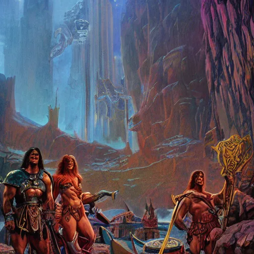 Prompt: conan the barbarian in modern day new york, bright colors, biotechnology, cave glowing stones, epic composition, donato giancola, tim hildebrandt, wayne barlow, bruce pennington, larry elmore