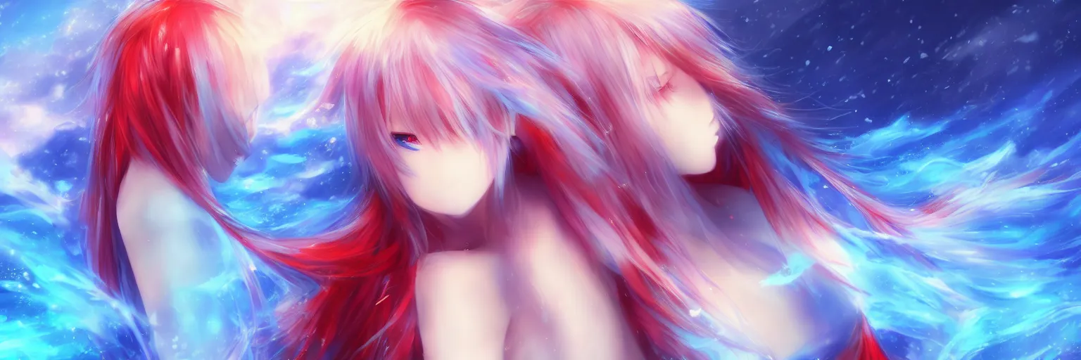 Prompt: advanced digital anime art, a very cute gorgeous teenage girl with a body made of fire and ice , full body, very long snow colored hair, sky blue highlights in hair, red fiery watery eyes, dress made of water, full round face, dramatic cinematic lighting, wideshot, highly intricately detailed, trending on pixiv, Artstation,