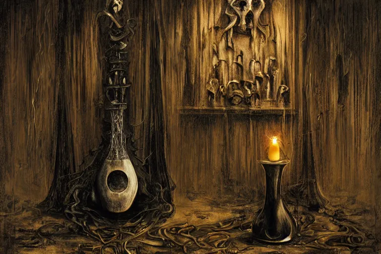 Prompt: still life of a cursed carved wooden baroque demonic oud with ebony, a wisp of smoke rises from its strings, designed by brian froud and hr giger leans against the wall alone, abandoned. an empty brutalist chamber, lonely, somber, a thin wisp of smoke rises from the lute. late afternoon lighting cinematic fantasy painting by jessica rossier