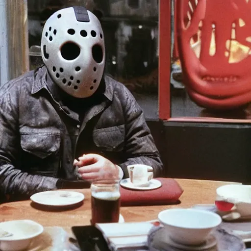 Image similar to photograph of jason voorhees having a coffee at an european caffé